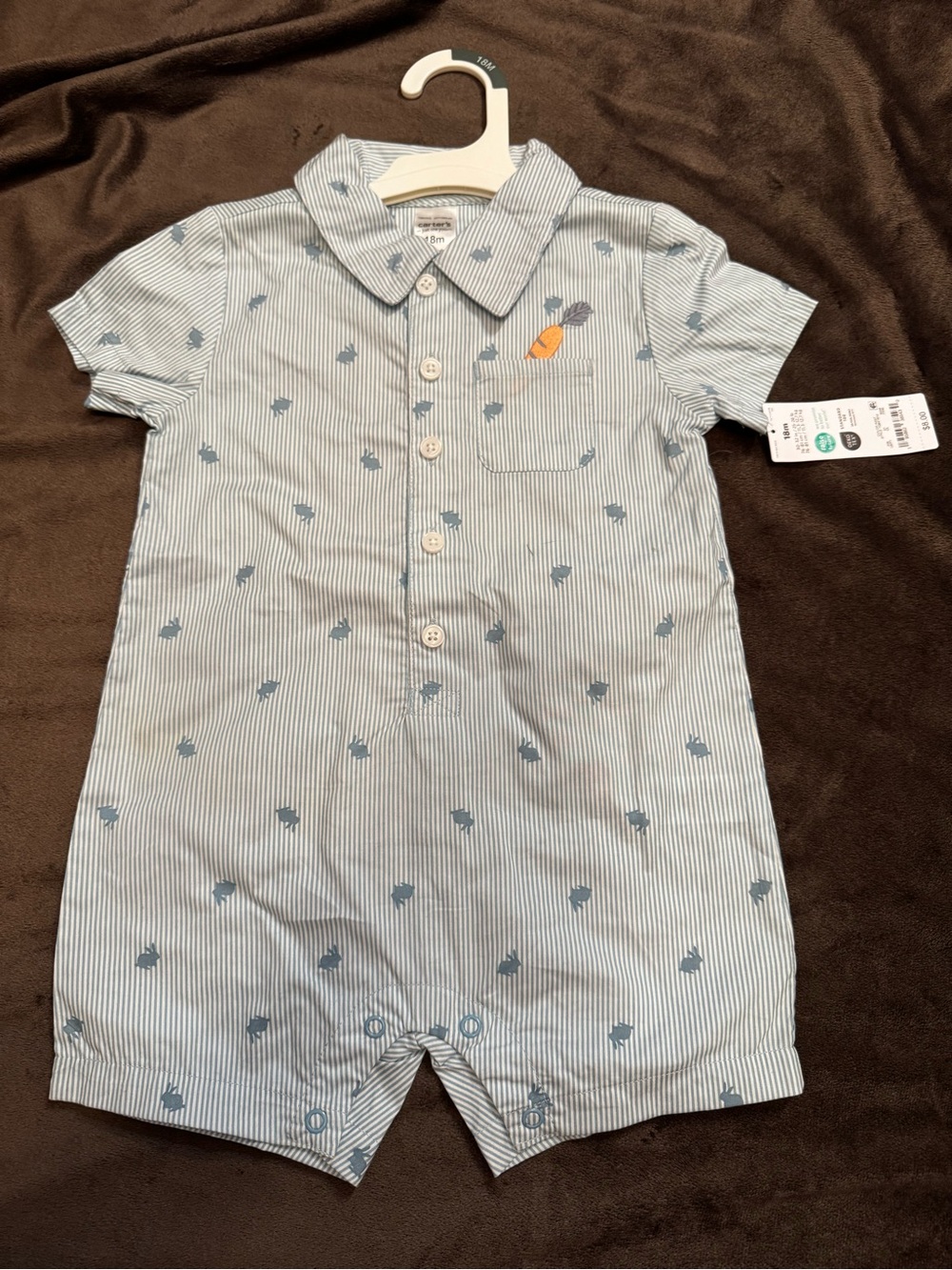 Carter's Light Blue Striped Short Romper with Carrot Patch